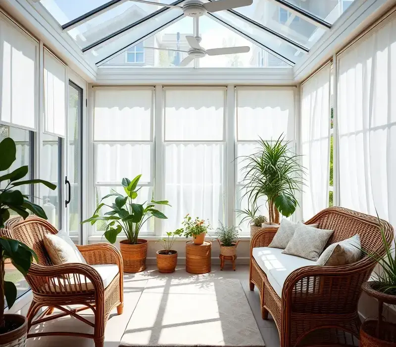 Sunroom with sheer draperies